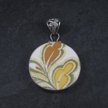 Vintage Sterling Yellow Rose Pottery Pendant Necklace