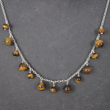 Vintage 90s Sterling Tiger Eye Dangle Necklace 16 Inches