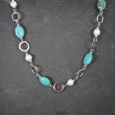 Sterling Turquoise Howlite Pearl Necklace 18 inches