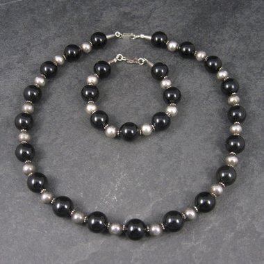 Vintage Black Sterling Bead Necklace and Bracelet Set