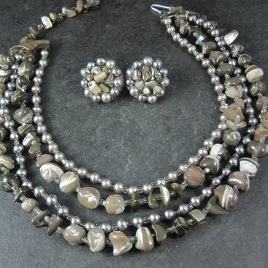 Vintage Mother of Pearl Shell 4 Strand Necklace & Earrings Jewelry Set Japan