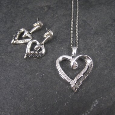 Vintage 90s Sterling Black and White Diamond Heart Pendant Necklace and Earrings Jewelry Set