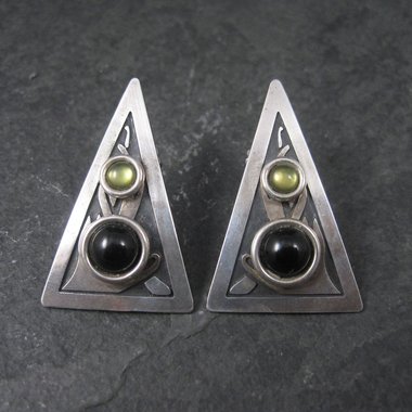 Modern Sterling Onyx Peridot Triangle Earrings