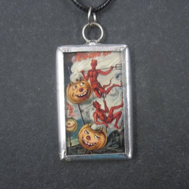 Vintage Halloween Devil Postcard Pendant Necklace