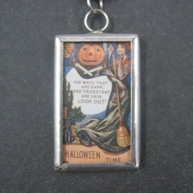Vintage Halloween Postcard Pendant Necklace