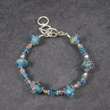 Handmade Blue Lampwork Art Glass Bead Bracelet 7-8 Inches