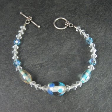 Sterling Crystal Blue Art Glass Toggle Bracelet 7.25"