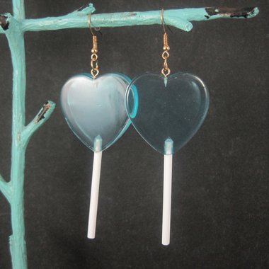 Large Blue Heart Lollipop Earrings