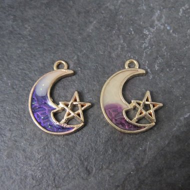 Lot of 2 Crescent Moon Pentagram Charms Purple & Blue