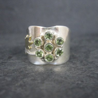 Wide Sterling Gold Filled Peridot Flower Ring Size 8