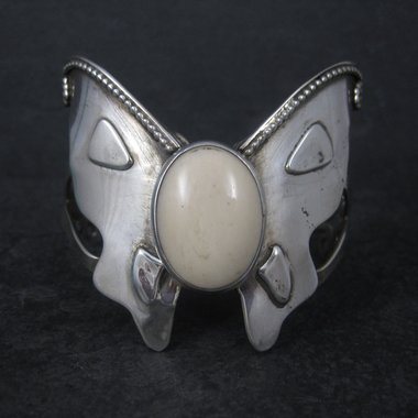 Large Estate Southwestern Sterling Agate Butterfly Cuff Bracelet 6 Inches