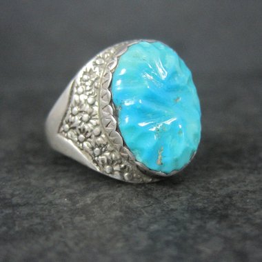 Vintage Southwestern Sterling Carved Turquoise Ring Size 12