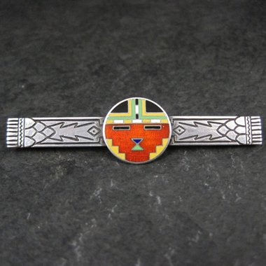 Art Deco Enamel Inlay Katchina Bar Pin Brooch Sterling Silver C Clasp