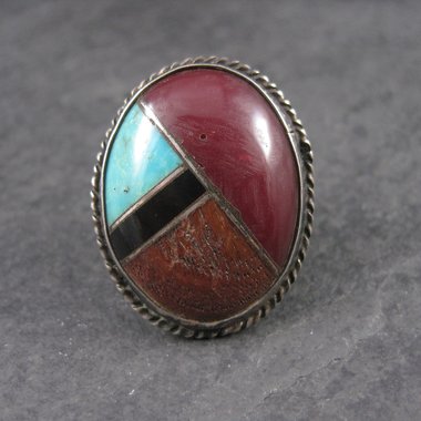 Vintage Navajo Turquoise Coral Jet Redstone Inlay Ring Sterling Size 7