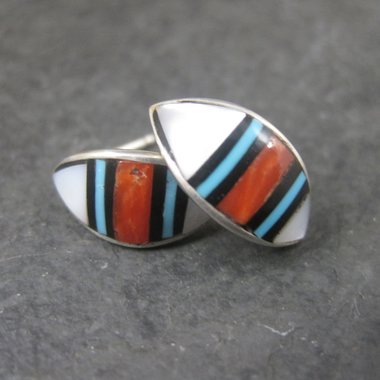 Southwestern Sterling Coral Turquoise Inlay Earrings