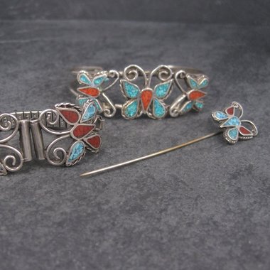 Estate Southwestern Coral Turquoise Butterfly Jewelry Set Cuff Bracelet Stick Pin Watch Band