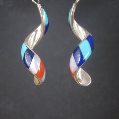 Vintage Southwestern Sterling Red White Blue Inlay Earrings