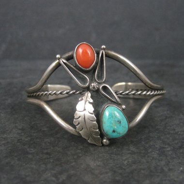 Vintage Southwestern 60s Sterling Coral Turquoise Cuff Bracelet 5.75 Inches