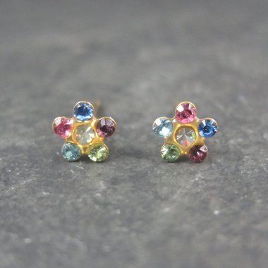 Estate 14K Crystal Flower Piercing Earrings 5mm