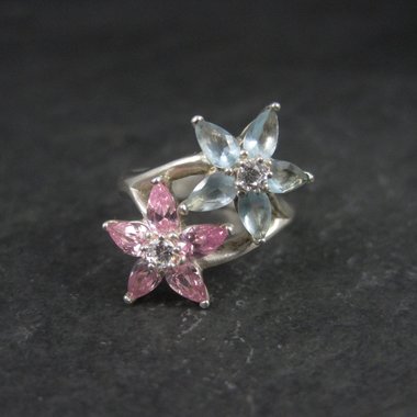 90s Sterling Pink Blue Cz Flower Ring Size 7