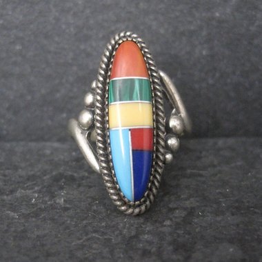 Southwestern Sterling Inlay Ring New Old Stock Size 5.5