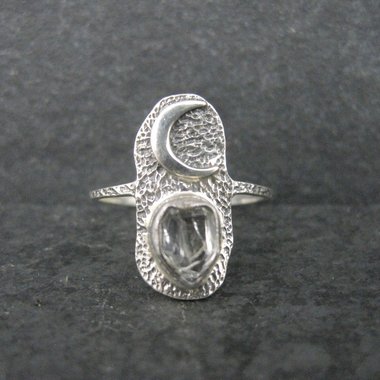 Dainty Sterling Herkimer Diamond Moon Ring Size 8.5