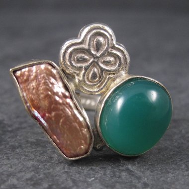 Vintage Green Onyx Baroque Pearl Ring Sterling Size 7