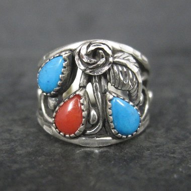 Southwestern Sterling Faux Turquoise Coral Ring Size 5.5