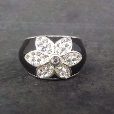 Vintage Sterling Enamel Crystal Flower Ring Size 6