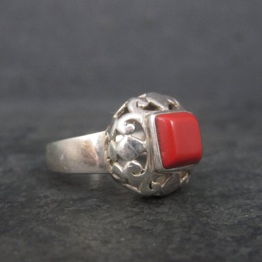 Vintage Sterling Faux Coral Filigree Ring Size 7