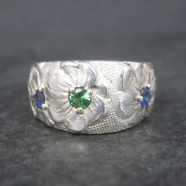 Vintage Sterling Emerald Sapphire Flower Ring Size 8