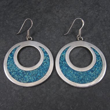 Vintage Mexican Sterling Turquoise Chip Circle Dangle Earrings