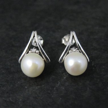 Estate Sterling Pearl Diamond Earrings