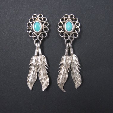 Vintage Southwestern Sterling Turquoise Feather Earrings