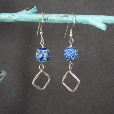 Long Sterling Blue Enamel Bead Earrings