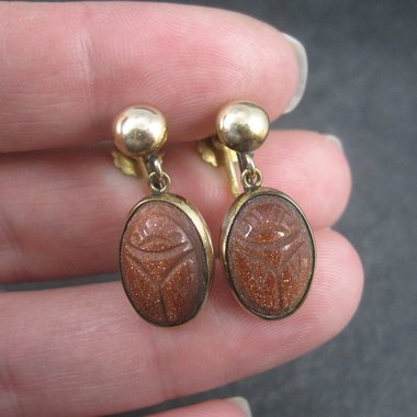 Vintage Gold Filled Goldstone Scarab Earrings Screw Back