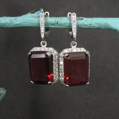 Large Estate Sterling Blood Red Cz Earrings Latch Backs