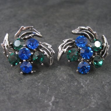 Vintage Blue and Green Rhinestone Clip On Earrings