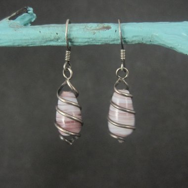 Sterling Purple Art Glass Wire Wrapped Earrings