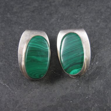 Vintage Mexican Sterling Malachite Clip On Earrings