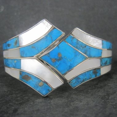 Vintage Southwestern Sterling Turquoise Mother of Pearl Clamper Bracelet 6.75"