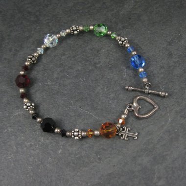Vintage Sterling Rainbow Crystal Cross Toggle Bracelet 8"