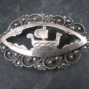 Vintage 800 Silver Greek Ship Marcasite Brooch