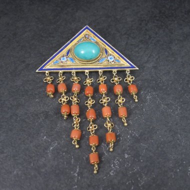 Vintage Chinese Export Turquoise Coral Enamel Brooch