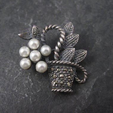 Vintage Sterling Marcasite Pearl Flower Basket Brooch