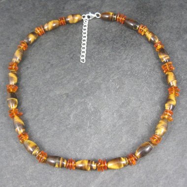 Vintage Sterling Tigers Eye Bead Necklace 17 Inches