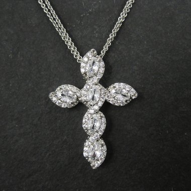 Estate Sterling Cz Cross Pendant Necklace