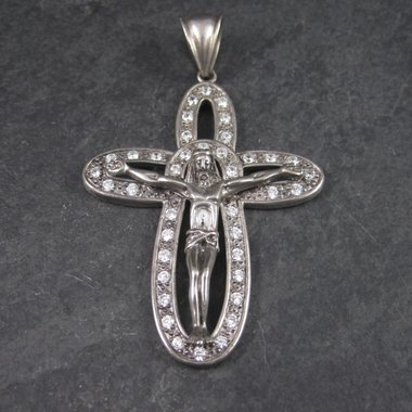 Huge Sterling Crucifix Cross Pendant Cubic Zirconia Vintage