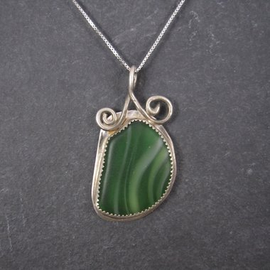 Vintage Sterling Green Beach Glass Pendant Necklace