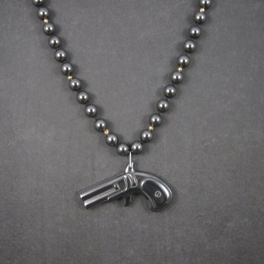 Vintage Carved Hematite Revolver Bead Necklace 24 Inches